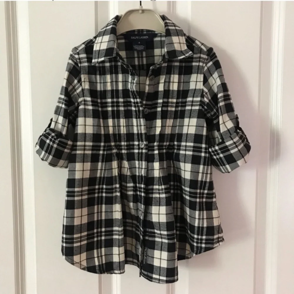 🌸3/$30🌸 Ralph Lauren Girls’ Flannel Plaid Black + White Long Cuffed Sleeve Shirt